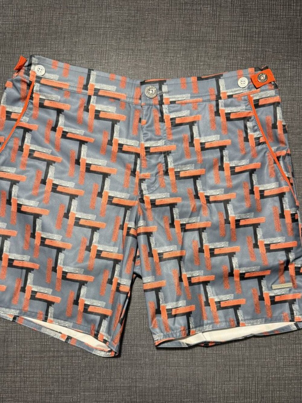Parke & Ronen Grey/Orange Geometric Brushstroke Print Swim Shorts Sz 31" 4" In